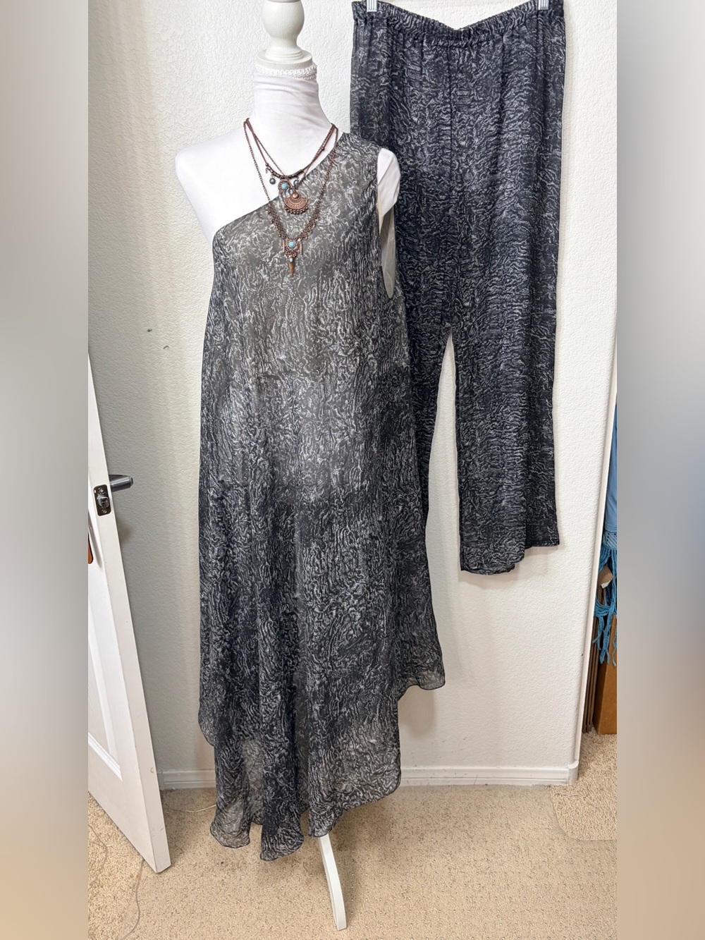 Michael Kors Made in Italy Asymmetric One-Shoulder Maxi Dress & Pant Set M